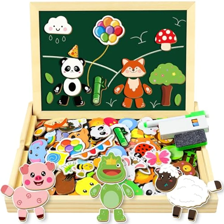 COOLJOY Magnetisches Holzpuzzle, 120+ Teile, Doppelseitige Magnettafel, Montessori Spielzeug für Kinder ab 2 Jahren, Geschenkidee für Mädchen und Jungen – Bild 1