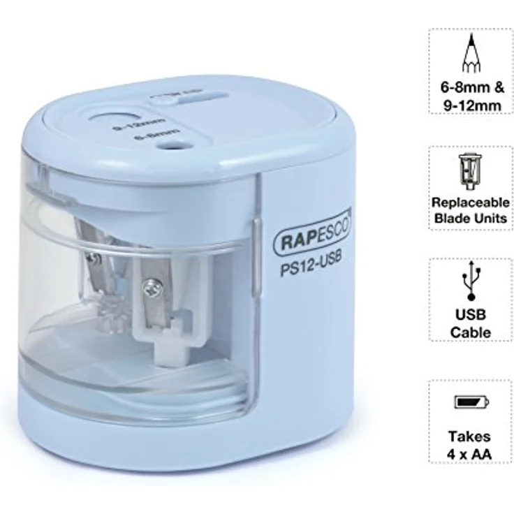 RAPESCO PS12-USB, elektrischer Anspitzer mit Doppel-Loch Design für 6-12 mm Stifte, hellblau, USB/Batterie-Antrieb – Bild 2