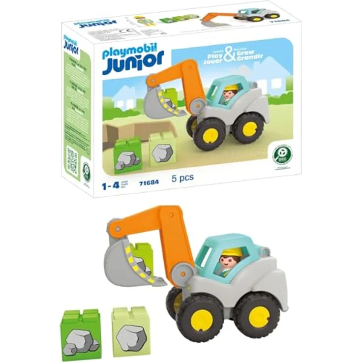 PLAYMOBIL® 71684 Schaufelbagger - Playmobil Junior mit beweglichem Schaufelarm, 1 Bauarbeiterfigur, 3 Bausteine und Warndreieck – Bild 2