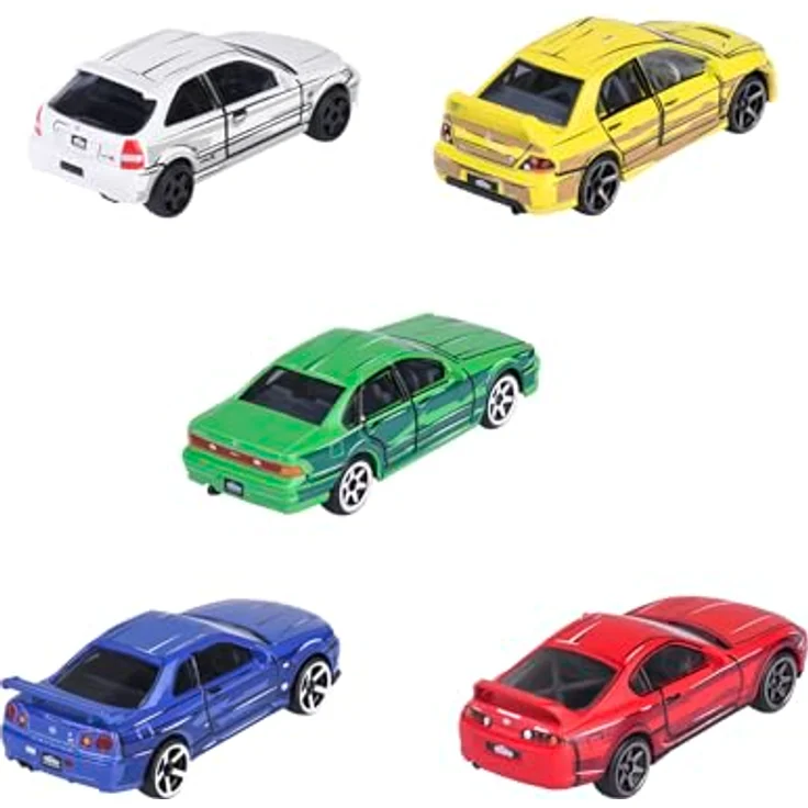 Majorette Japan Series - Auto-Set mit 5 Spielzeugautos aus Metall im Anime-Stil, je 7,5 cm, inklusive Honda Civic TYPE R (weiß), Nissan Cefiro (grün), Nissan Skyline GT-R (blau), Toyota Supra (rot), Mitsubishi Lancer (gelb), mit Freilauf, Federung & öffnendem Teil, für Sammler und Kinder ab 3 Jahre – Bild 2