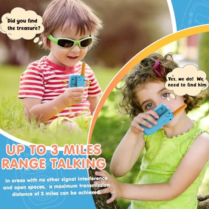 Kearui Walkie Talkie für Kinder, 8-Kanal Funkgerät mit LCD, LED-Taschenlampe, 3 Meilen Reichweite, blau-orange, für Abenteuer im Freien, Camping, Wandern – Bild 5