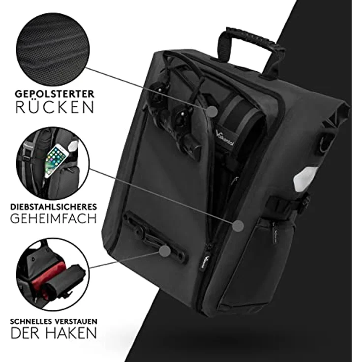 Valkental - 3in1 Recycelte Fahrradtasche - Hochwertig & Nachhaltig - 23L - Geeignet als Gepäckträgertasche, Rucksack & Umhängetasche - 100% Wasserdicht – Bild 3