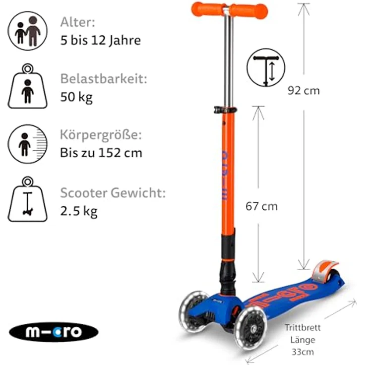 MICRO Maxi micro Deluxe Foldable neon LED, Höhenverstellbarer & klappbarer Kinderroller für Jungs & Mädchen ab 5 Jahren, LED-Rollen, Blaze orange – Bild 3