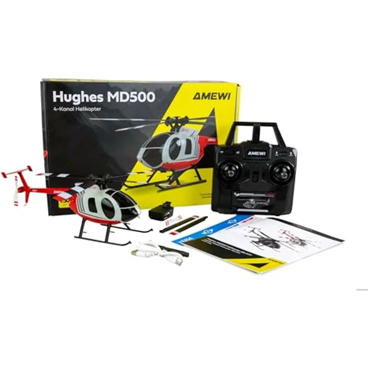 Amewi Hughes MD500 Zivilhelikopter, 4-Kanal 6G RTF, rot/hellgrau, mit Auto-Start und stabilisiertem Flug – Bild 2