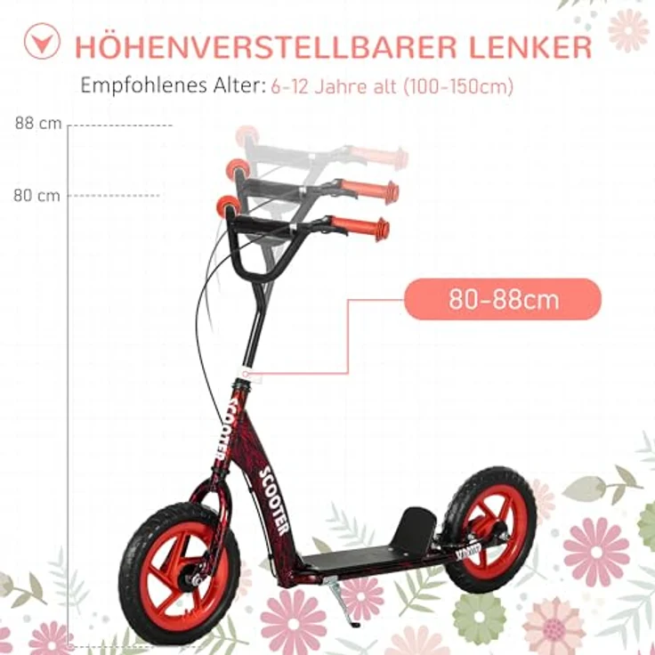 AIYAPLAY Kinderroller Scooter, Tretroller mit verstellbarem Lenker (80-88 cm), großen Rädern und Handbremse, 11,8 Zoll Cityroller für 6-12 Jahre, Stahl Rot – Bild 3