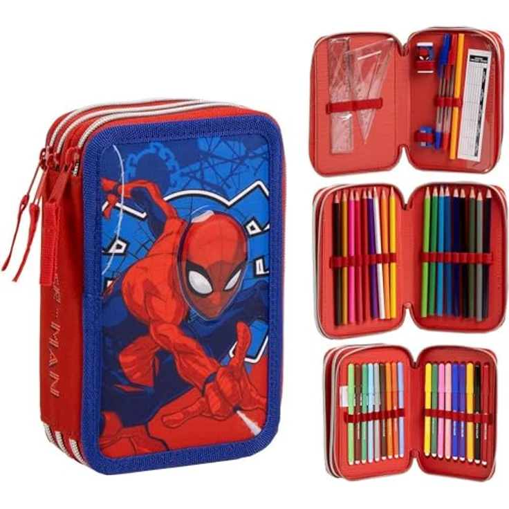 Spiderman Federmäppchen gefüllt, Schuletui mit Buntstiften, Filzstiften und Zubehör, farbenfrohes Design – Bild 1