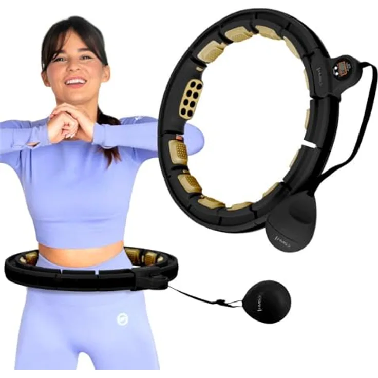 HMS Hula-Hoop-Reifen HHM13, Schwarz-Gold mit Gewicht, Zähler und Massagepunkten sowie Schwerkraftball