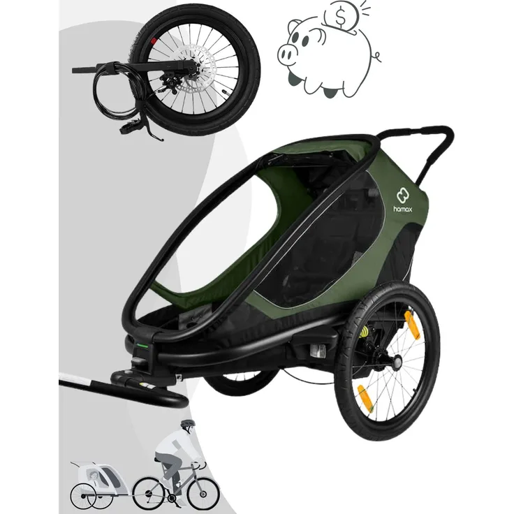 Hamax Outback One Fahrradanhänger, inkl. Jogger Kit, Aluminiumrahmen, Grün / Schwarz