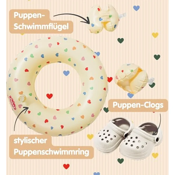 Heless 550 Puppen-Schwimmset Beige Herz Konfetti, mit Schwimmring, Schwimmflügeln und Clogs für Puppen 35-45 cm – Bild 2