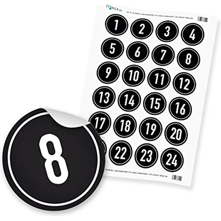 itenga Adventskalenderzahlen 4cm Zahlensticker 1-24, Hochglanz Aufkleber in Schwarz-Weiß mit Vintage-Stempeloptik – Bild 1