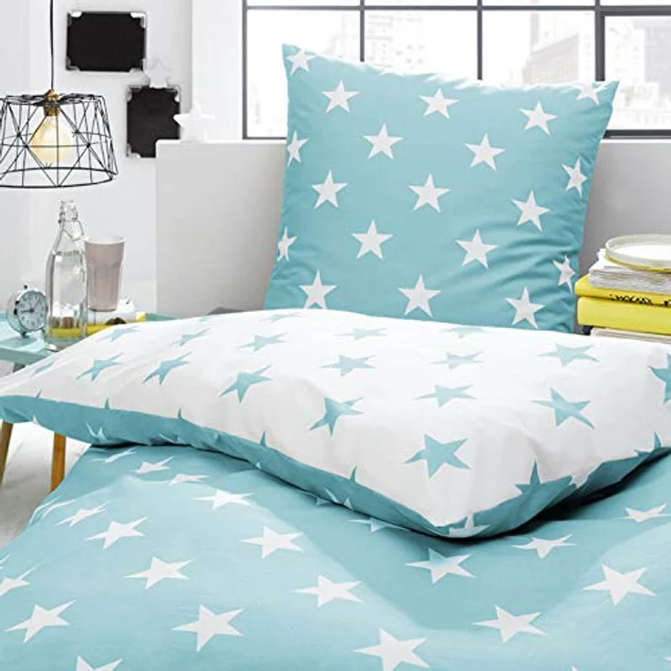 TREND Bettwäsche Sterne Türkis Weiß Stars Wendeoptik Perkal 155x220cm, 100% Baumwolle – Bild 1