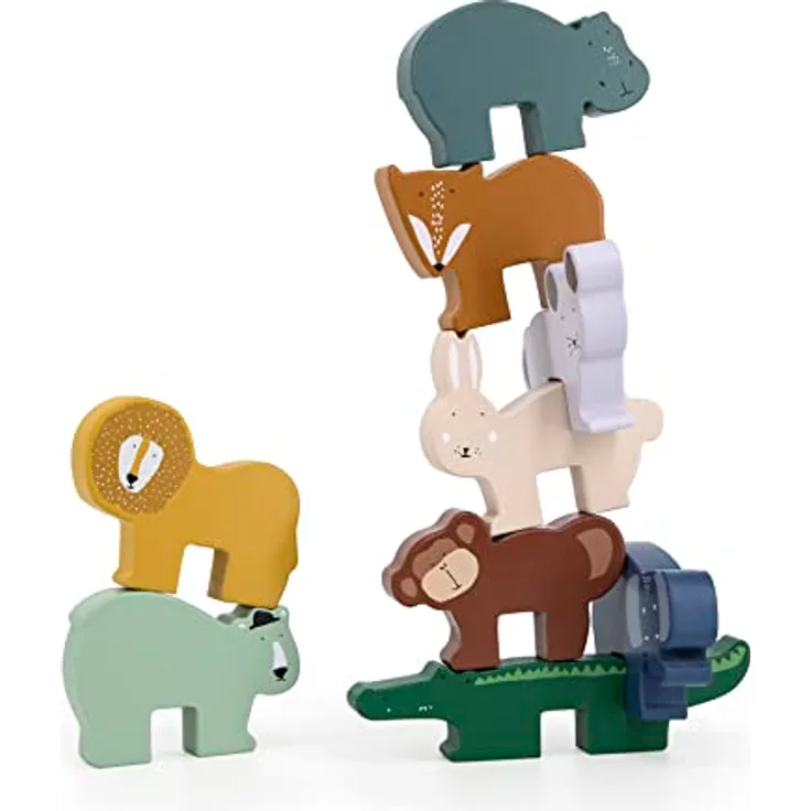 Trixie Baby Stapelspielzeug Stapelspiel Tiere, Holzspielzeug zur Förderung der Feinmotorik, inkl. Kartenset mit 3 Schwierigkeitsstufen