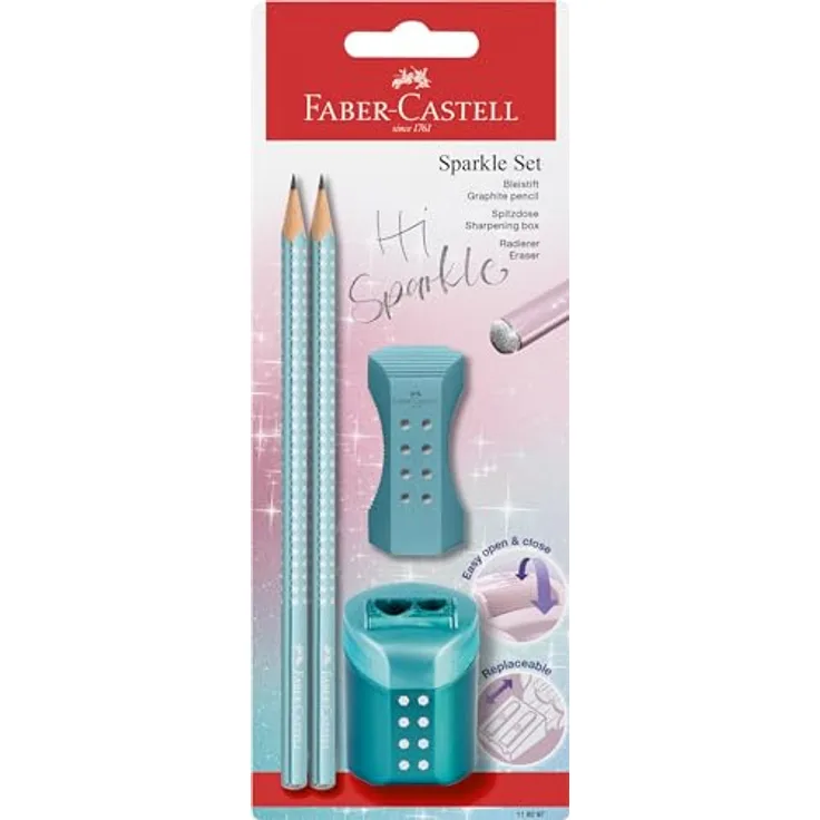Faber-Castell 118297 Bleistifte Set Sparkle mit Spitzer, Radiergummi und 2 Bleistifte ocean metallic, ergonomische Dreikantform, bruchgeschützte Mine