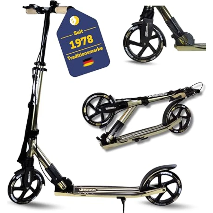 Best Sporting Scooter 205 mm Olivgrün Metallic, klappbarer Cityroller mit Vorderradfederung, Handbremse, Klingel und Tragegurt, höhenverstellbar für Kinder & Erwachsene bis 100 kg – Bild 1