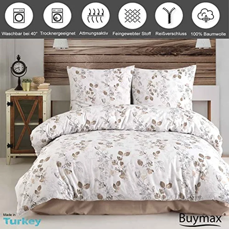 Buymax Bettwäsche 135x200 Baumwolle 2-Teilig Bettgarnitur mit Bettbezug und Kissenbezug 80x80 Renforce Bettwäsche-Set Botanisch Herbstlich Blätter Zweige Äste, Weiß Taupe - Preisvergleich – Bild 2