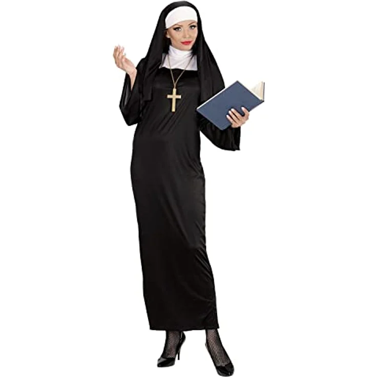W WIDMANN MILANO Party Fashion Kostüm Nonne, schwarze Tunika mit Kopfbedeckung, Größe XL, ideal für Karneval und Mottopartys – Bild 3