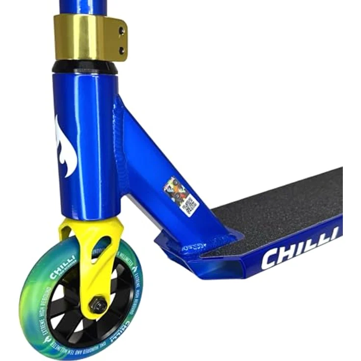 Chilli Pro Scooter Jumpstart S, Stunt-Scooter 71 cm, transparent Blau / Gelb, leicht und stabil für Einsteiger – Bild 9