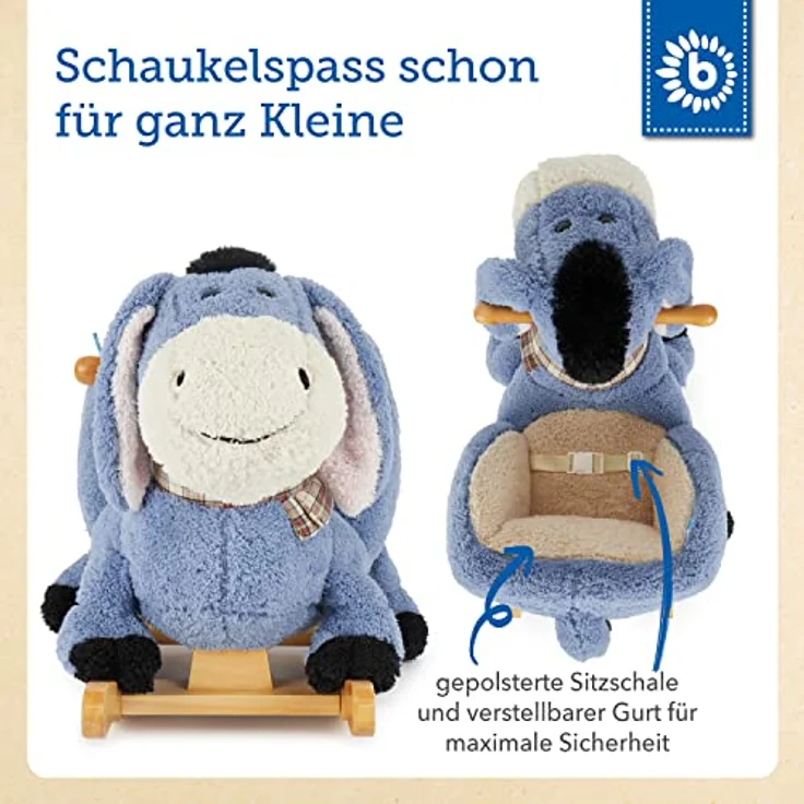 Bieco Plüsch Schaukeltier Esel | Kinder Schaukelstuhl mit Sicherheitsgurt | | Schaukel Kleinkind | Zimmer | Baby Schaukelwippe ab 9 Monate | Schaukelpferd Holz – Bild 3