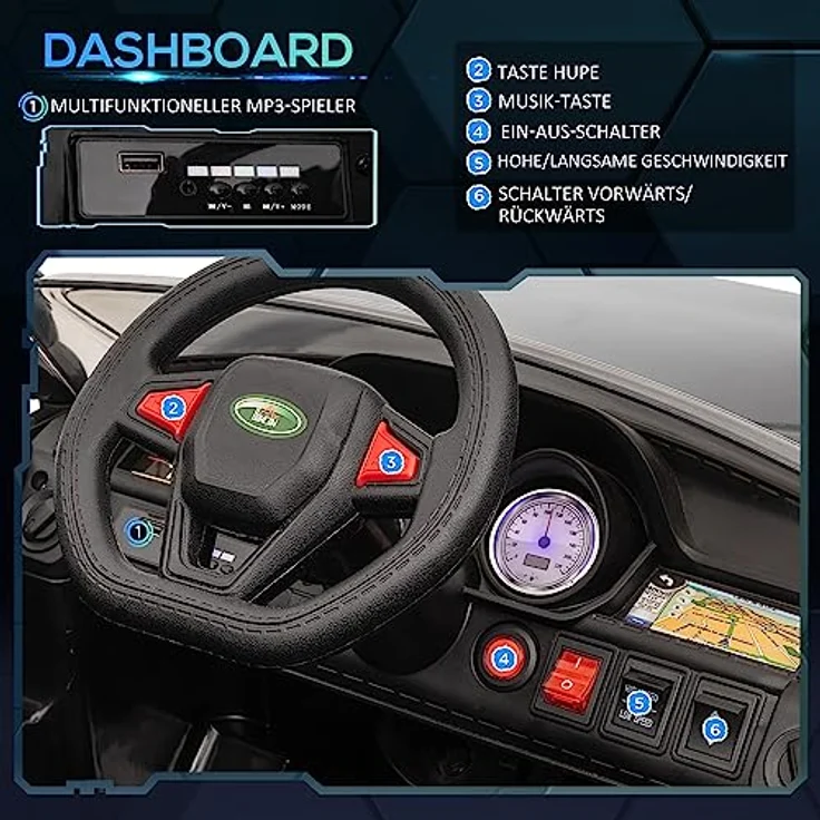 HOMCOM Elektro-Kinderauto Kinderfahrzeug, Kinder-SUV mit Sicherheitsgurt, Hupe, Scheinwerfer, Belastbarkeit 30 kg, (1-tlg), mit Fernbedienung, Musik, schwarz – Bild 4