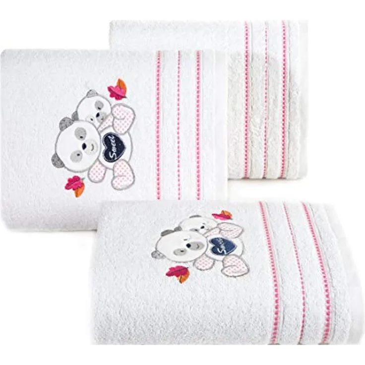 Eurofirany Baby Babyhandtuch Weiß Rosa Handtücher Kinderhandtuch Kindermotiv Teddybär Teddy Mädchen Badezimmer Weich Süß Kuschelig, 70x140cm