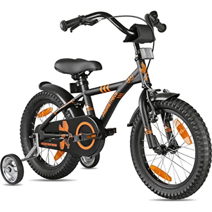PROMETHEUS BICYCLES Kinderfahrrad 16 Zoll ab 5 Jahren - Mädchen Jungen Fahrrad mit Stützräder Rücktrittbremse in Schwarz Matt Orange – Bild 1