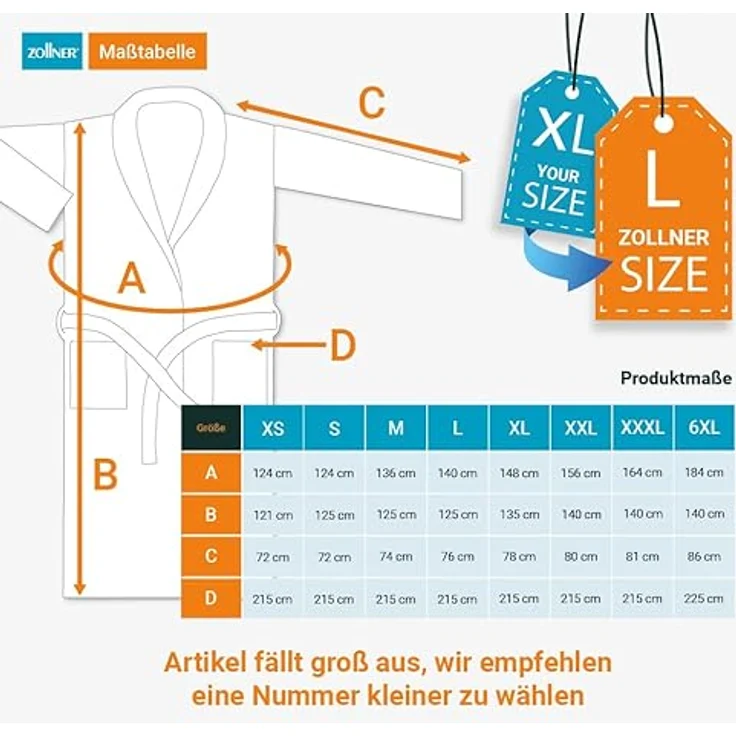 ZOLLNER Unisex-Bademantel, 100% Baumwolle, Schalkragen, Gürtel, S-6XL, weiß – Bild 6