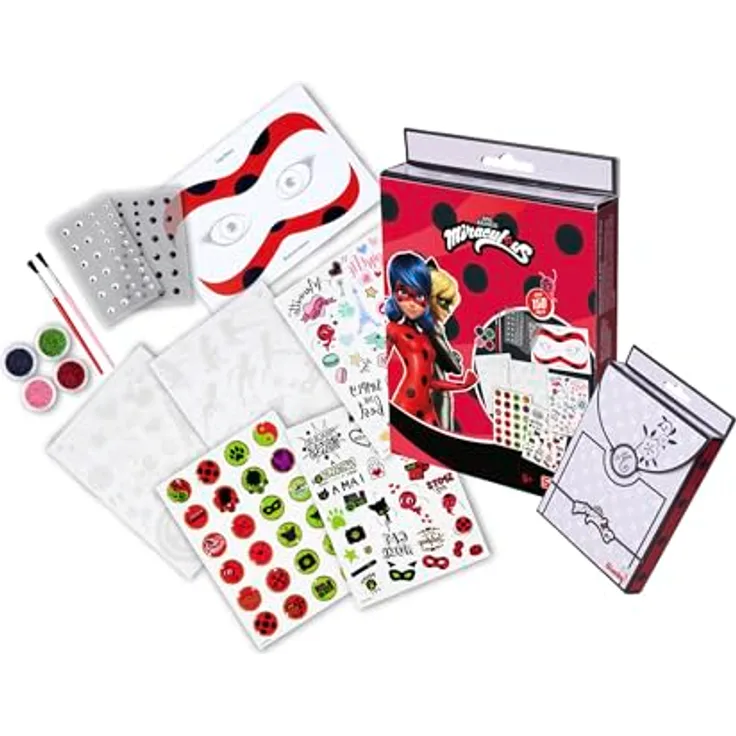 Simba Miraculous Glittery Tattoo Set, über 150 Motive, 4 x Glitzerpuder, Pinsel, 11 Teile, ab 5 Jahren