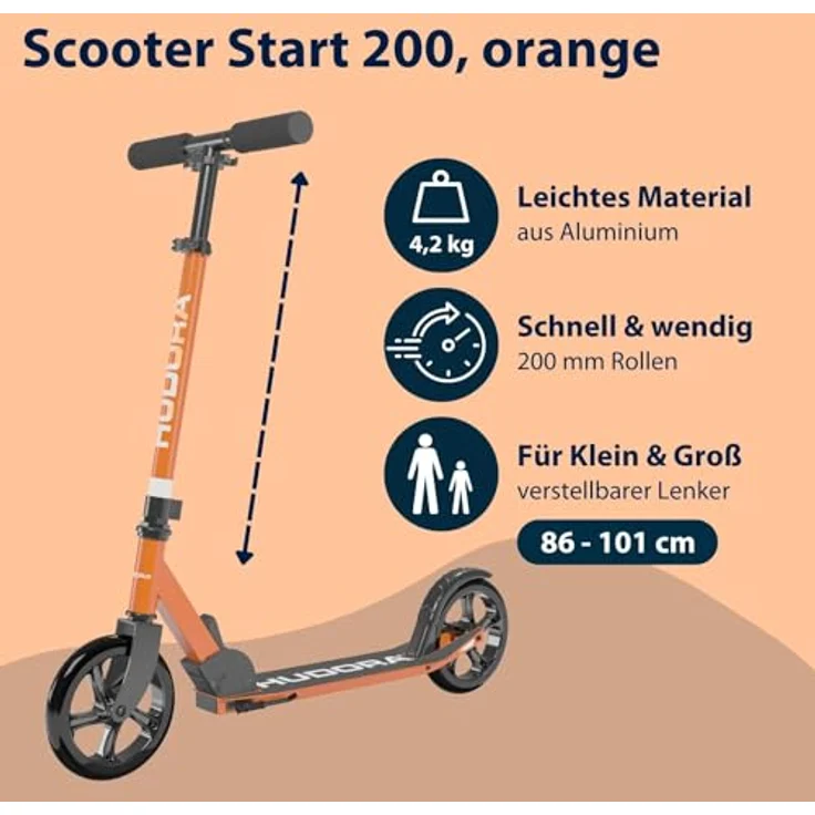 HUDORA Scooter Start 200, stabiler Aluminium-Roller, höhenverstellbar & zusammenklappbar, für Kinder & Erwachsene bis 100 kg, orange – Bild 2