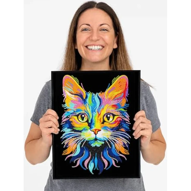 Diamond Dotz Kreativset Diamond Painting Neon Katze, hochwertige Strasssteine mit 13-Facettenschliff und Neonfarben auf schwarz beflocktem Hintergrund – Bild 4