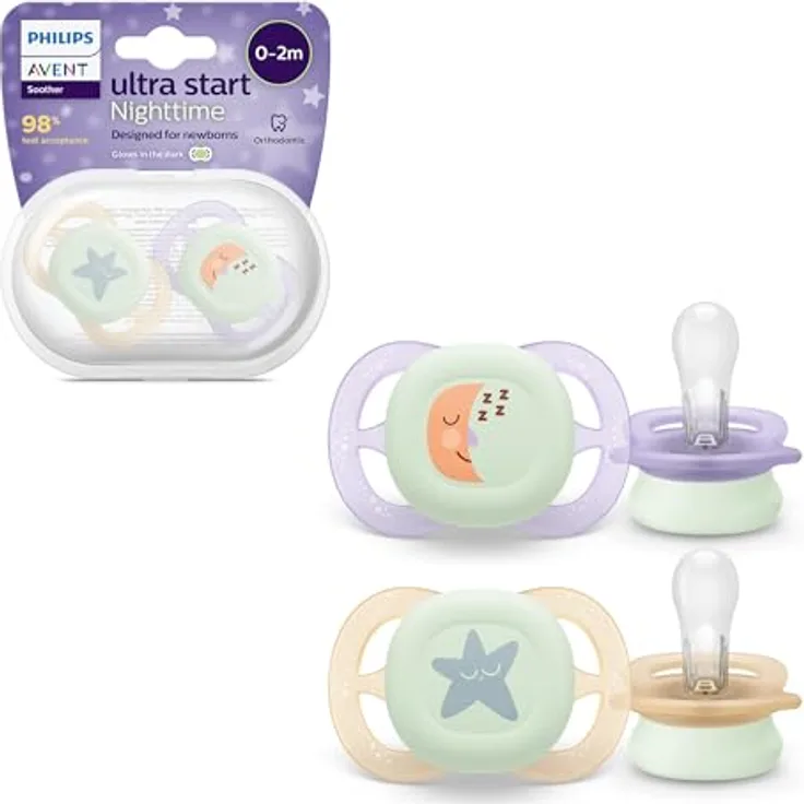 Philips Avent Ultrastart Night SCF075/07, Schnuller für Mädchen im Nacht-Set, 0-2 Monate, 2 Stück, mit leuchtendem Schnullerring und silikonierter, gaumenfreundlicher Form