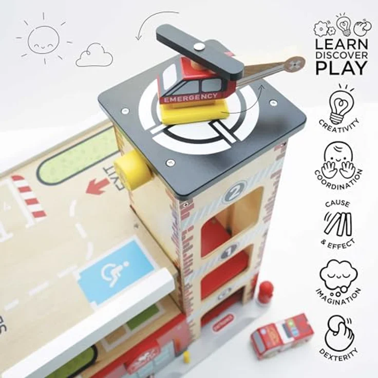 Le Toy Van TV453 Spielzeug-Feuerwache, FSC-zertifiziertes Holz mit Feuerwehrauto, Hubschrauber, Garage, Aufzug und Notrufglocke für Kinder ab 3 Jahren – Bild 5