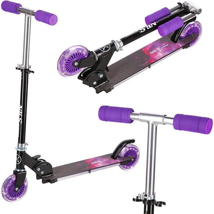 NILS EXTREME HD025 Cityroller, klappbar, mit LED-Reifen und leuchtendem Trittbrett, Lila Galaxie, für Kinder und Jugendliche