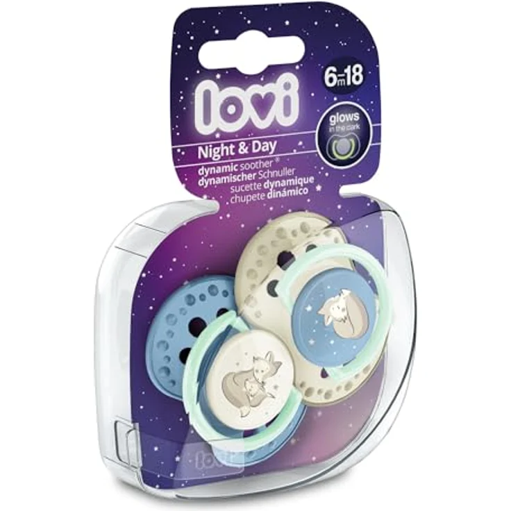 LOVI Dynamic Schnuller, BPA-freier Schnuller aus Silikon mit zusätzlichen Öffnungen, Im Dunkeln leuchtende Schnuller, Hygieneschutzhülle, 2 Stück, Blau (6-18, Night & Day Boy) – Bild 4