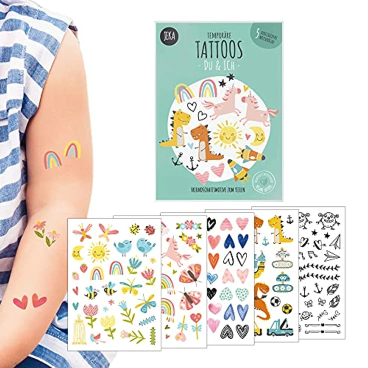 Hautfreundliche Kindertattoos zum Aufkleben - Motiv DU & ICH, Freundschaftstattoos, Kinder-Tattoo Set mit 5 Bögen, Tattoos Kinder, 100% Vegan und Hergestellt in Österreich, JEKA – Bild 1