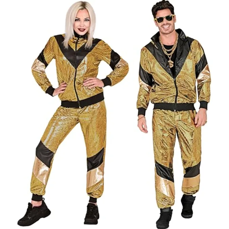 W WIDMANN MILANO Party Fashion - Kostüm Trainingsanzug 80er Jahre, Disco Kugel, Jogginganzug, Retro-Style, für Karneval, Mottopartys, golden/schwarz