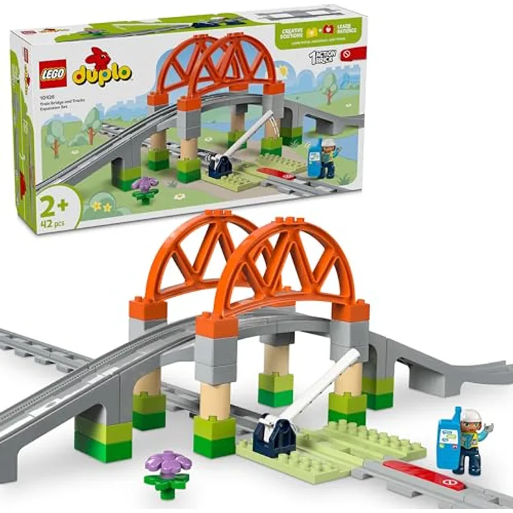 LEGO DUPLO Town 10426 Eisenbahnbrücke und Schienen – Erweiterungsset Bausatz mit 42 Teilen, interaktiven Funktionen und Techniker, mehrfarbig