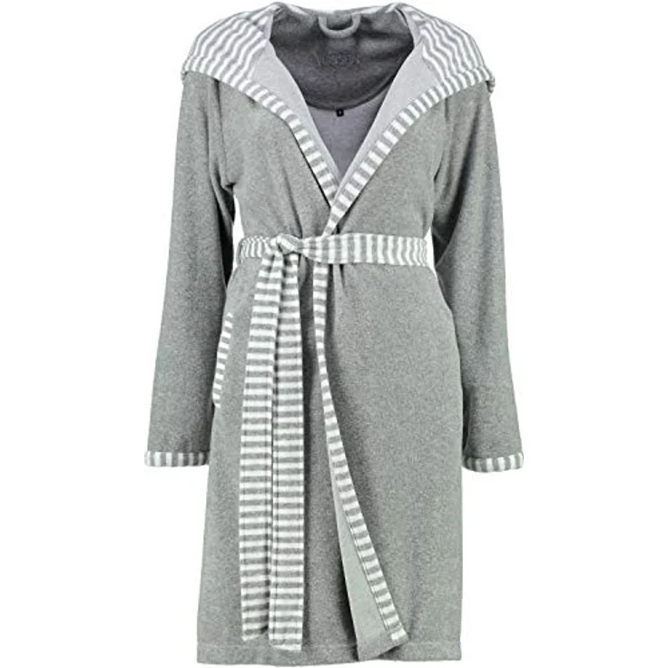 Vossen Damen Bademantel Juno, Kurzmantel mit Kapuze, grau melange, 80% Baumwolle, figurformend, modern-gestreifte Bordüre – Bild 4