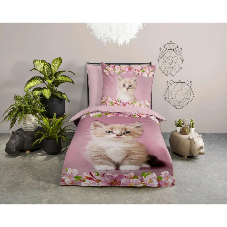 XXXL Kinderbettwäsche Good Morning, Rosa und Altrosa, Katzenmotiv, 135x200 cm, Oeko-Tex® Standard 100, atmungsaktiv, BCI