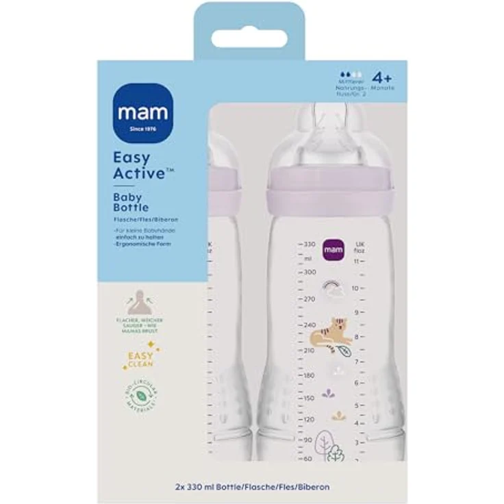 MAM Easy Active Babyflasche, 330 ml, stillfreundliche Milchflasche mit Sauger Größe 2 aus SkinSoft Silikon für Babys ab 4 Monaten, ergonomisch geformt, Tiger – Bild 3