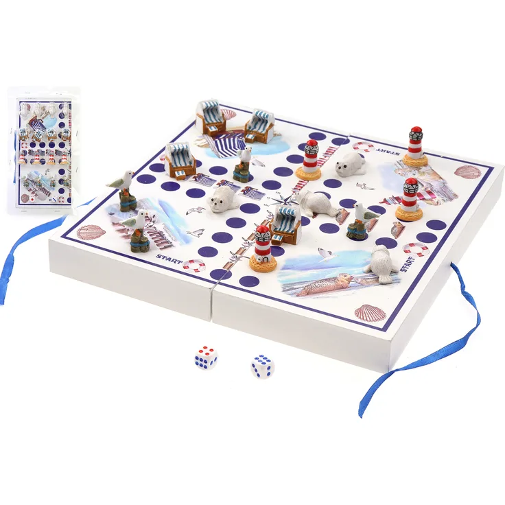 ELLUG Würfelspiel Brettspiel "Küstendesign", maritim mit Leuchtturm und Strandkorb, klappbar, 2-4 Spieler, 25*25*3 cm