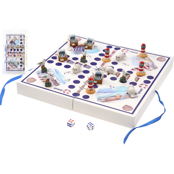 ELLUG Würfelspiel Brettspiel "Küstendesign", maritim mit Leuchtturm und Strandkorb, klappbar, 2-4 Spieler, 25*25*3 cm