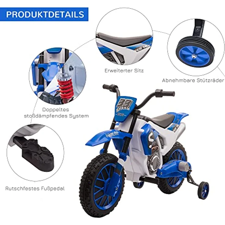 HOMCOM Elektro-Kindermotorrad Elektrofahrzeug Blau+Weiß, mit 2 abnehmbaren Stützrädern, Belastbarkeit 30 kg, 106.5L x 51.5B x 68H cm – Bild 6