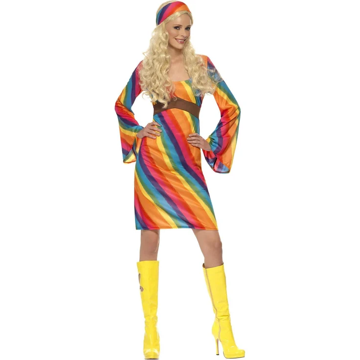 Smiffys 60er Jahre Rainbow Hippie Kostüm, mehrfarbiges Kleid mit Haarband, Größe 44-46