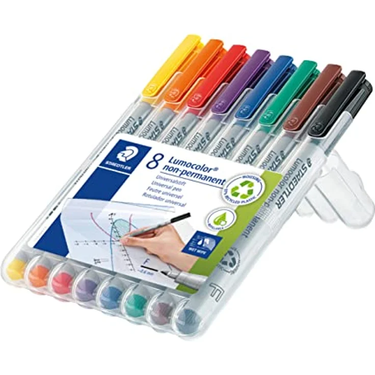 STAEDTLER Folienstift Lumocolor, non-permanent, wasserlöslich, F-Spitze mit Linienbreite ca. 0.6 mm, hohe Qualität, recyceltes Plastik, Set mit 8 Farben in STAEDTLER-Box, 316 WP8, Grau – Bild 2
