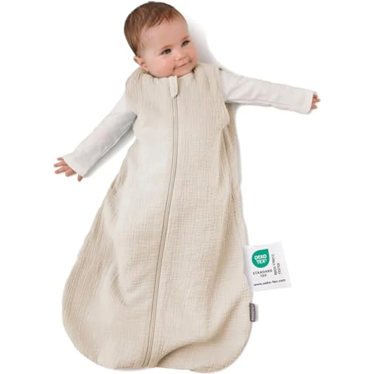 LaLoona Sommerschlafsack Mull, ärmellos, leichter Baby Schlafsack aus 100% Baumwolle, 0.5 TOG, ÖkoTex Standard 100, Beige, 110 cm – Bild 1