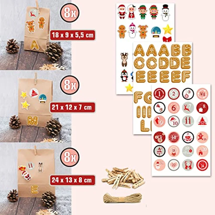 DuneDesign XXL SET MIT NAMEN: Adventskalender zum Befüllen große Tüten - 24 Papiertüten in 3 Größen 100 Sticker Bastelset DIY Adventskalender Zubehör Personalisierte Adventskalender zum Selber Basteln – Bild 3