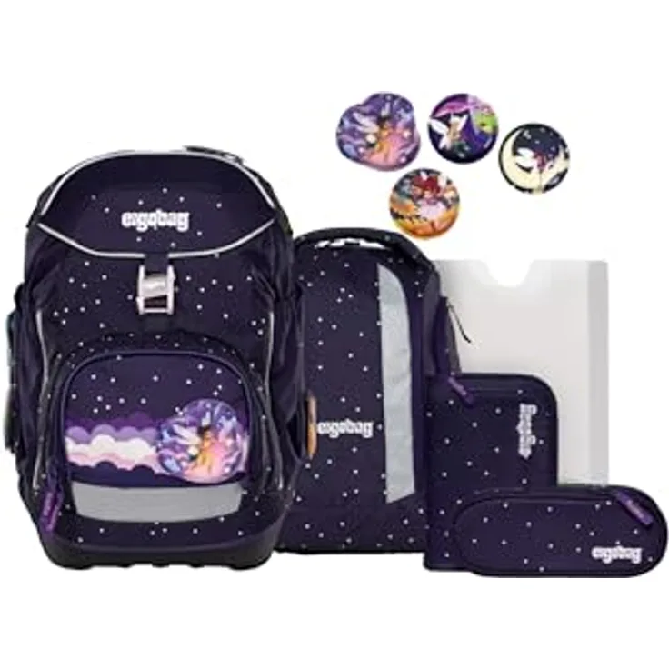 ergobag pack Set, ergonomischer Schulrucksack 6-teilig für 1. Klasse, wasserdicht, höhenverstellbar, mit Heftebox und individuellen Kletties