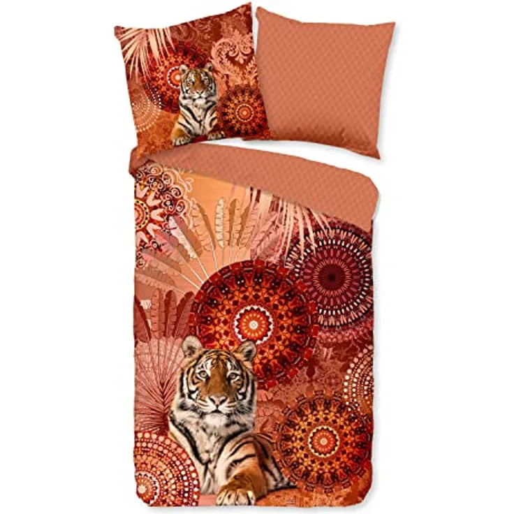 Traumschloss Satin Bettwäsche »Anakin«, Mandalas mit Tiger, Federn, orange, 135x200 & 80x80, 100% Baumwolle, atmungsaktiv & weich, mit Reißverschluss bestehend aus Kissen und Bettbezug