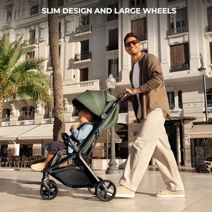 Kinderkraft NUBI 3 Buggy bis 22 kg, automatisch zusammenklappbar, große EVA-Räder, Mesh-Sitz, 5-Punkt-Gurt magnetisch, UPF50+ Verdeck, Liegeposition, Korb 5 kg, Becherhalter, Moskitonetz, Grün – Bild 2