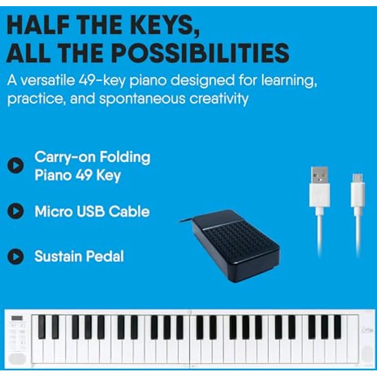 Blackstar Folding Piano 49, tragbares Keyboard mit 49 Tasten, 128 Klängen, weiß – Bild 5